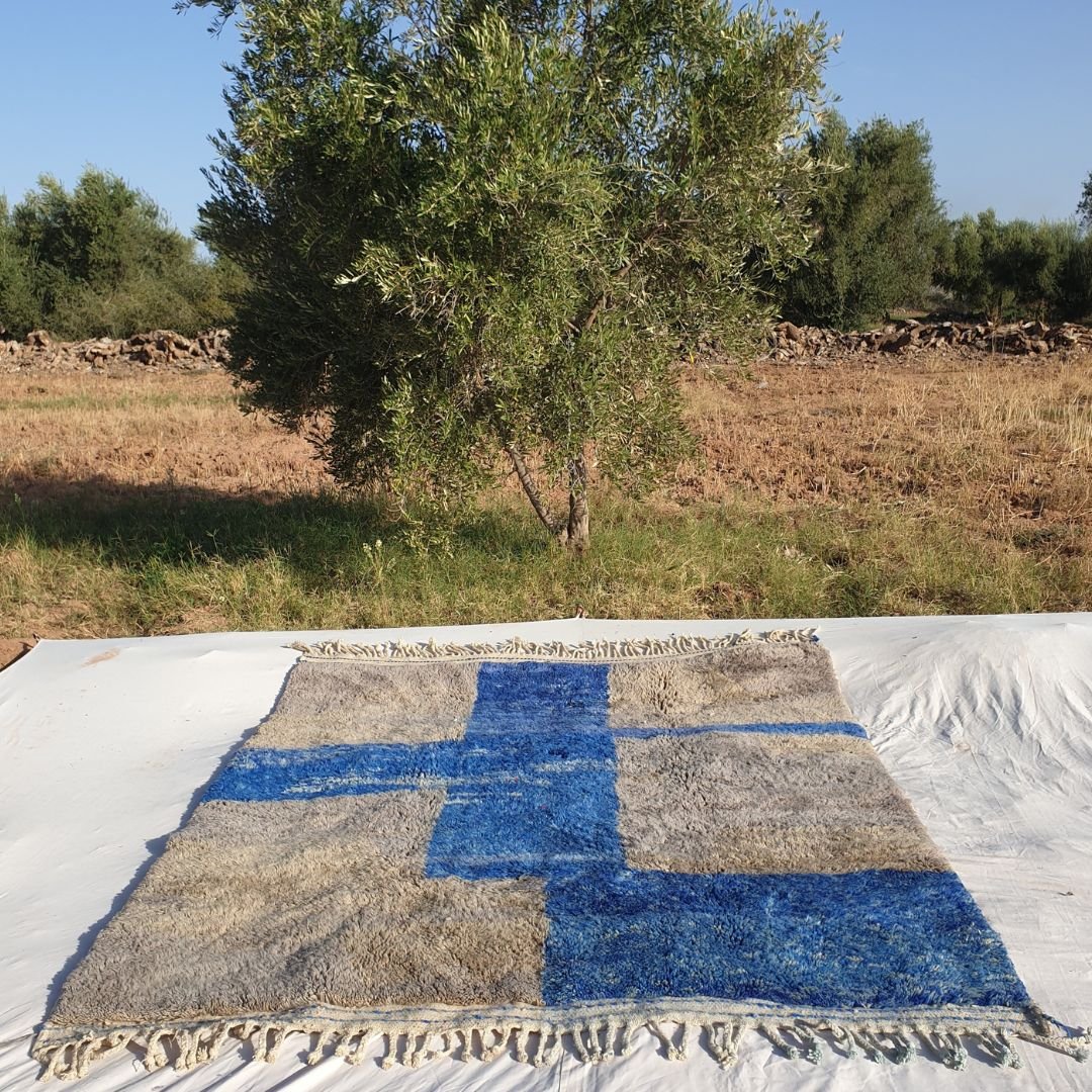 Customized Tinagha | Beni Ourain 7x8 Blue Moroccan Rug Ultra Soft | Handmade Berber Wool Carpet - OunizZ