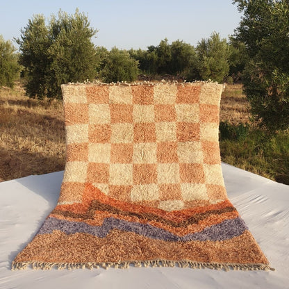 Dabachi | Checkered Moroccan Rug 6x9 Rust Pink Beni Ourain Ultra Soft | Authentic Berber wool Beni Rug | 6'92x9'45 Ft | 211x288 cm - OunizZ