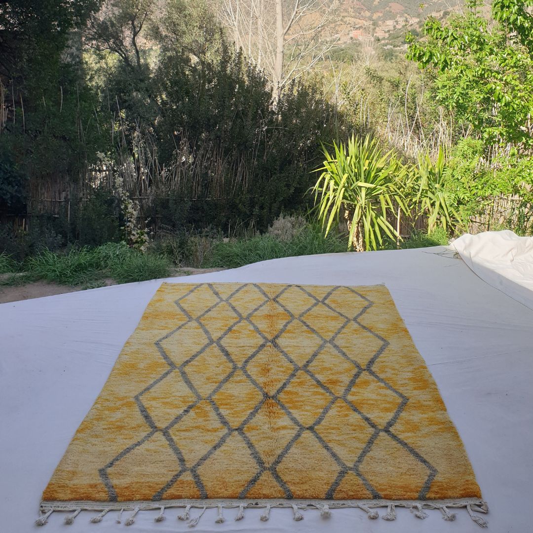 Gawya | Yellow Moroccan Rug 7x9 Authentic Beni Ourain | Handmade Berber Wool Carpet | 7'22x9'84 Ft | 220x300 cm - OunizZ