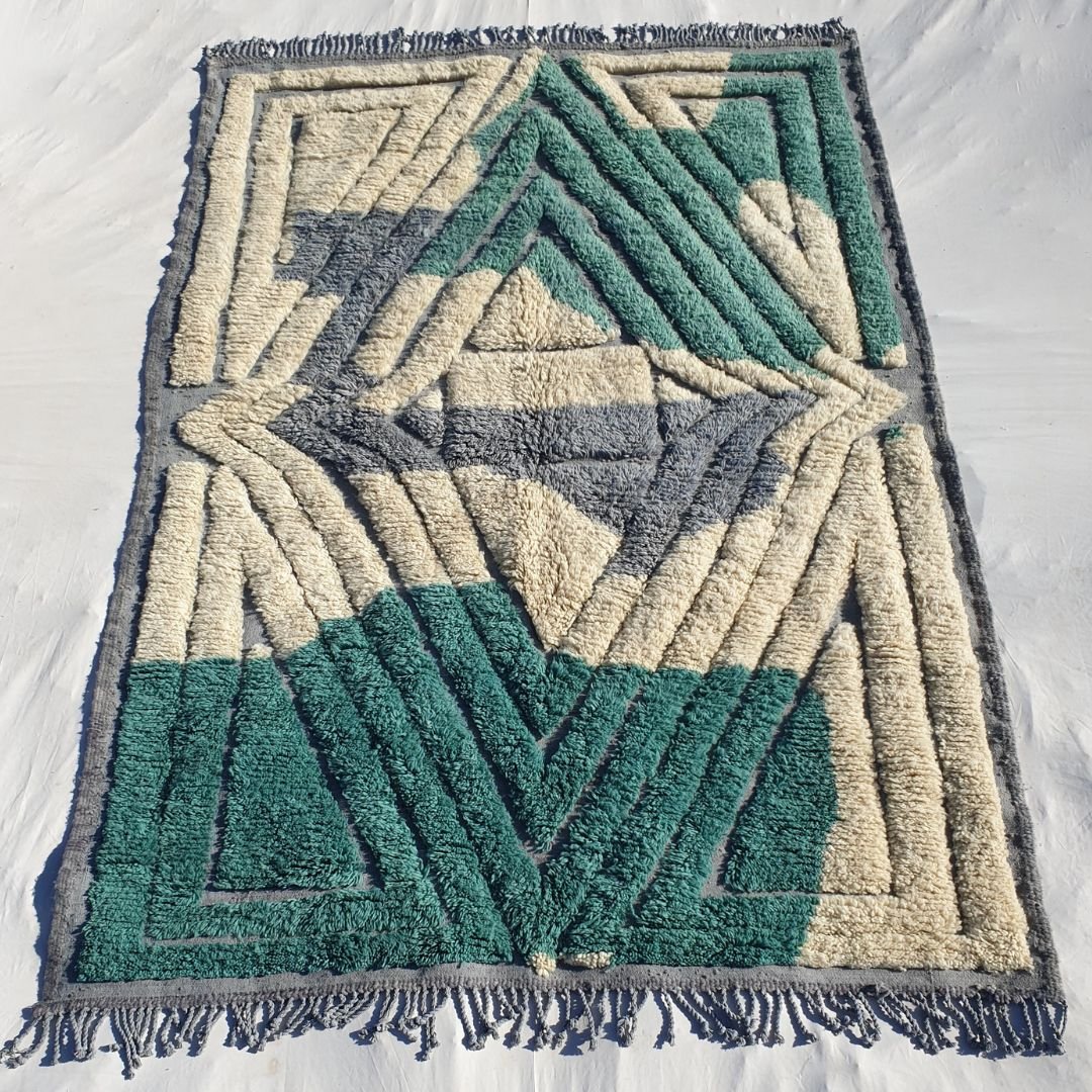 Imitaz | Off-White Green Moroccan Rug 6x9 Beni Ourain Ultra Soft | 6'66x9'65 Ft | 203x294 cm - OunizZ