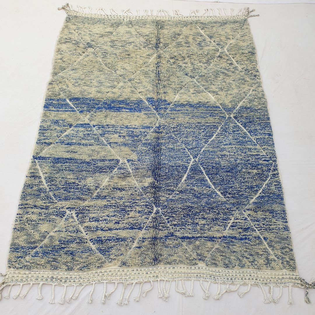 Machka | Blue Moroccan Rug 7x10 Soft Beni Ourain | Handmade Berber Wool Carpet | 7'x9'94 Ft | 213x303 cm - OunizZ