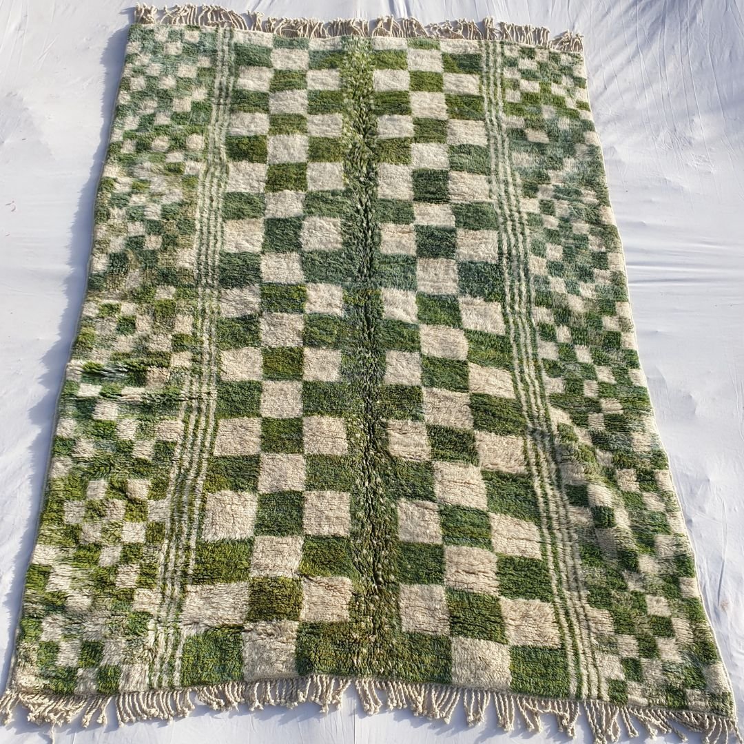 Mouassine | Checkered Olive Green Moroccan Rug 7x9 Beni Ourain Ultra Soft | Authentic Berber wool Beni Rug | 7'05x9'78 Ft | 215x298 cm - OunizZ