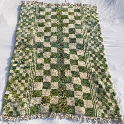 Mouassine | Checkered Olive Green Moroccan Rug 7x9 Beni Ourain Ultra Soft | Authentic Berber wool Beni Rug | 7'05x9'78 Ft | 215x298 cm - OunizZ