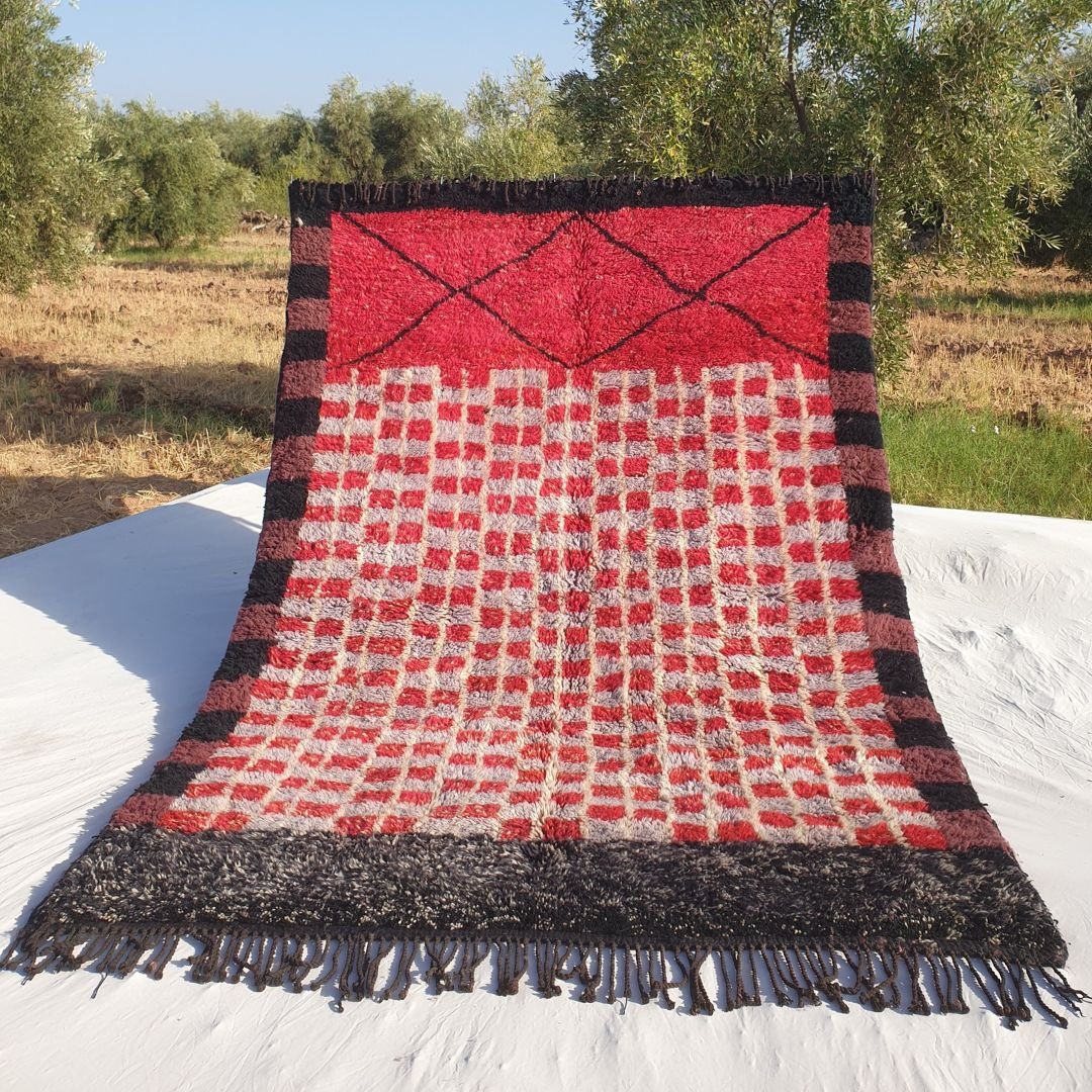 Rawja - Red & Black 6x9 Moroccan Rug Beni Mrirt Luxurious Ultra Soft and Thick | Berber Handmade Wool Carpet | 6'63x9'38 Ft | 202x286 cm - OunizZ