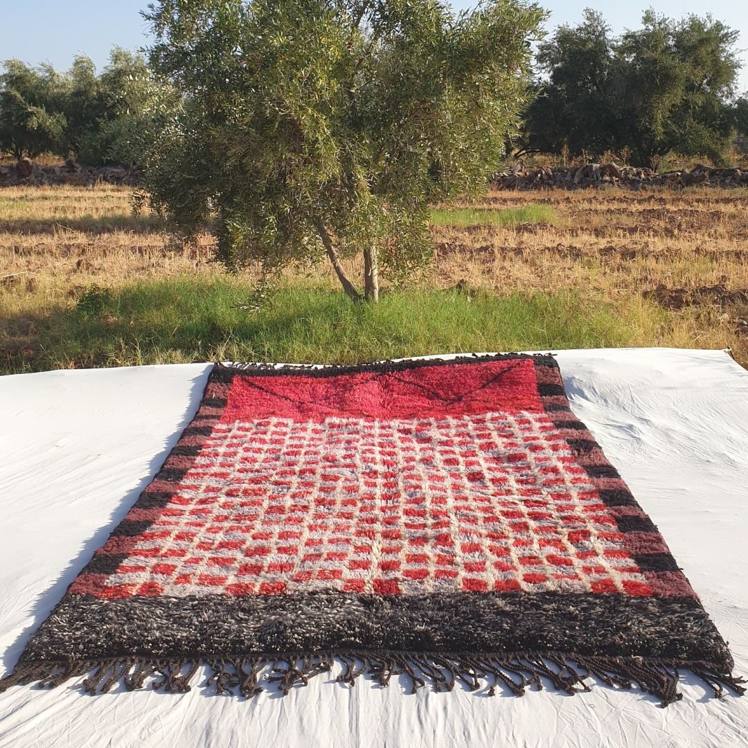 Rawja - Red & Black 6x9 Moroccan Rug Beni Mrirt Luxurious Ultra Soft and Thick | Berber Handmade Wool Carpet | 6'63x9'38 Ft | 202x286 cm - OunizZ