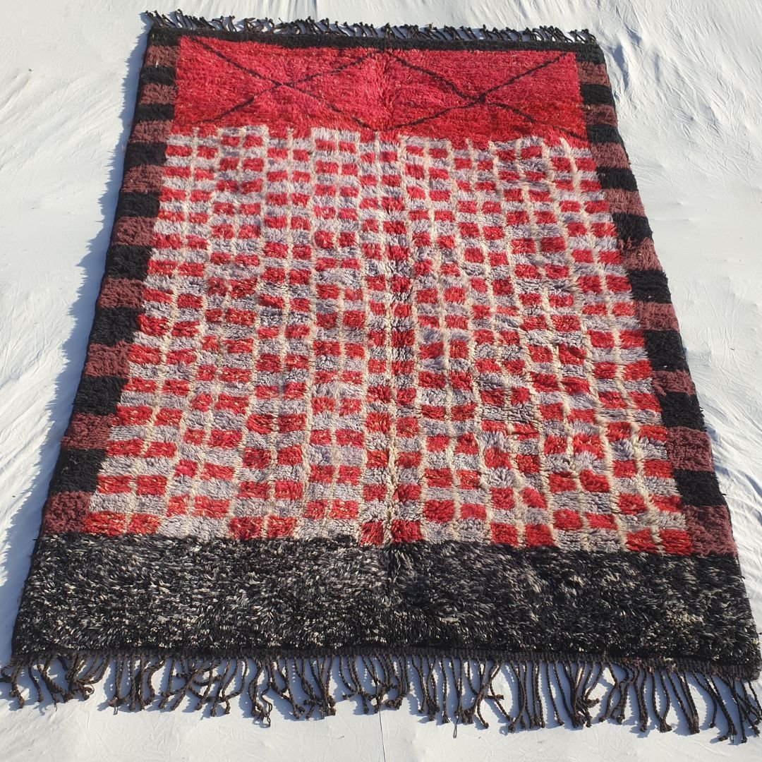 Rawja - Red & Black 6x9 Moroccan Rug Beni Mrirt Luxurious Ultra Soft and Thick | Berber Handmade Wool Carpet | 6'63x9'38 Ft | 202x286 cm - OunizZ