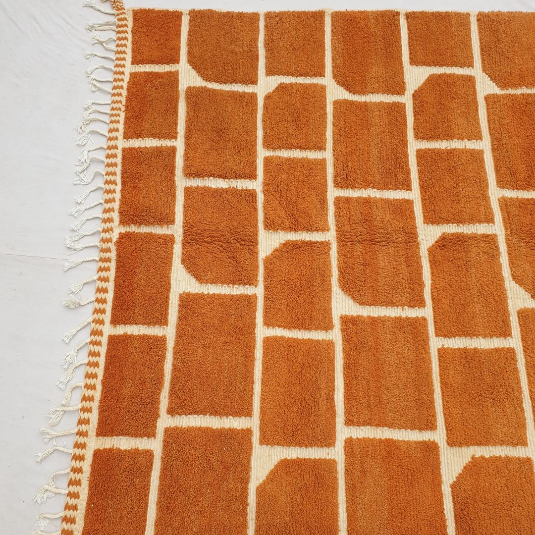 Yajri | Beni Ourain 7x9 Checkered Moroccan Rug Rust Color Ultra Soft | Handmade Berber Wool Carpet | 7x9'77 Ft | 213x298 cm - OunizZ