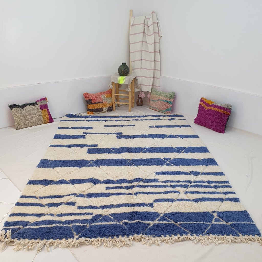 Moroccan Beni Ouarain White & Blue Rug | BAHR | 9'9 x 6'4 Ft | 3x2 m | 100% wool handmade - OunizZ