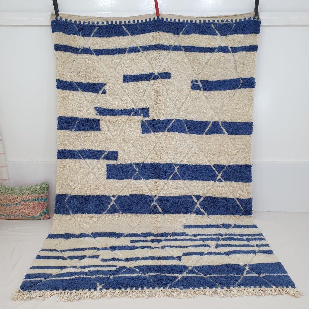 Moroccan Beni Ouarain White & Blue Rug | BAHR | 9'9 x 6'4 Ft | 3x2 m | 100% wool handmade - OunizZ