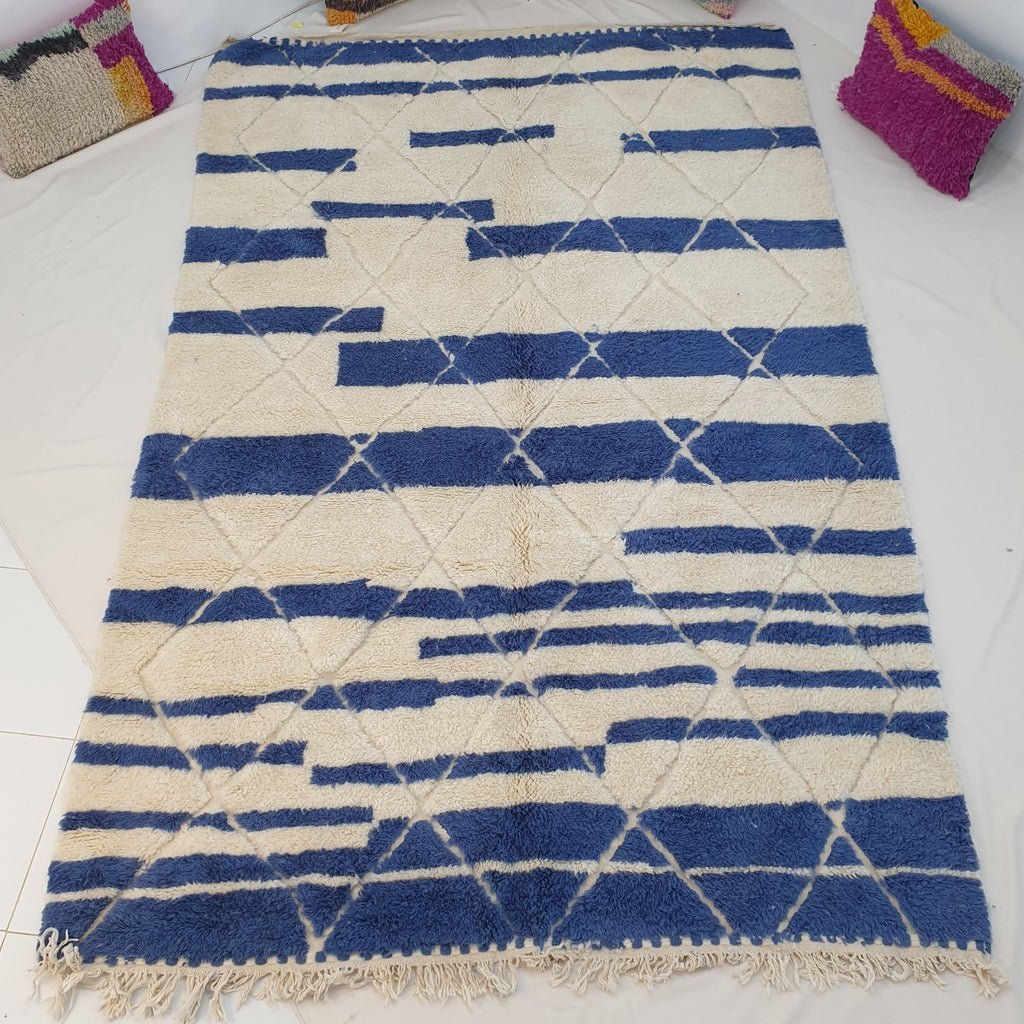 Moroccan Beni Ouarain White & Blue Rug | BAHR | 9'9 x 6'4 Ft | 3x2 m | 100% wool handmade - OunizZ