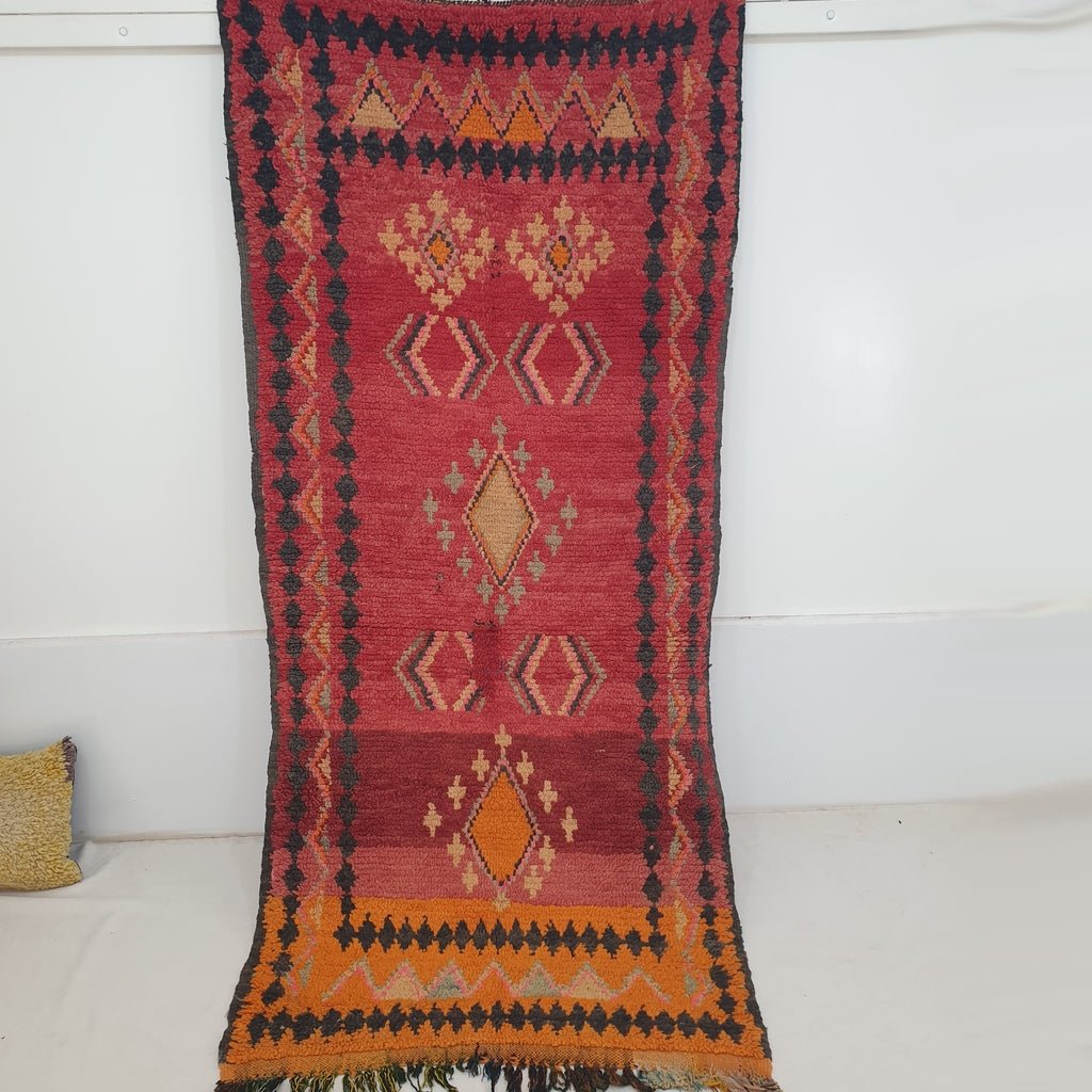 Moroccan VINTAGE Orange & Red Rug | 7'9x3'6 Ft | 2,41x1,09 m | GHARBANA | 100% wool handmade - OunizZ